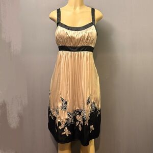 Mystic Champagne Black Empire Waist Satin Dress Floral Applique